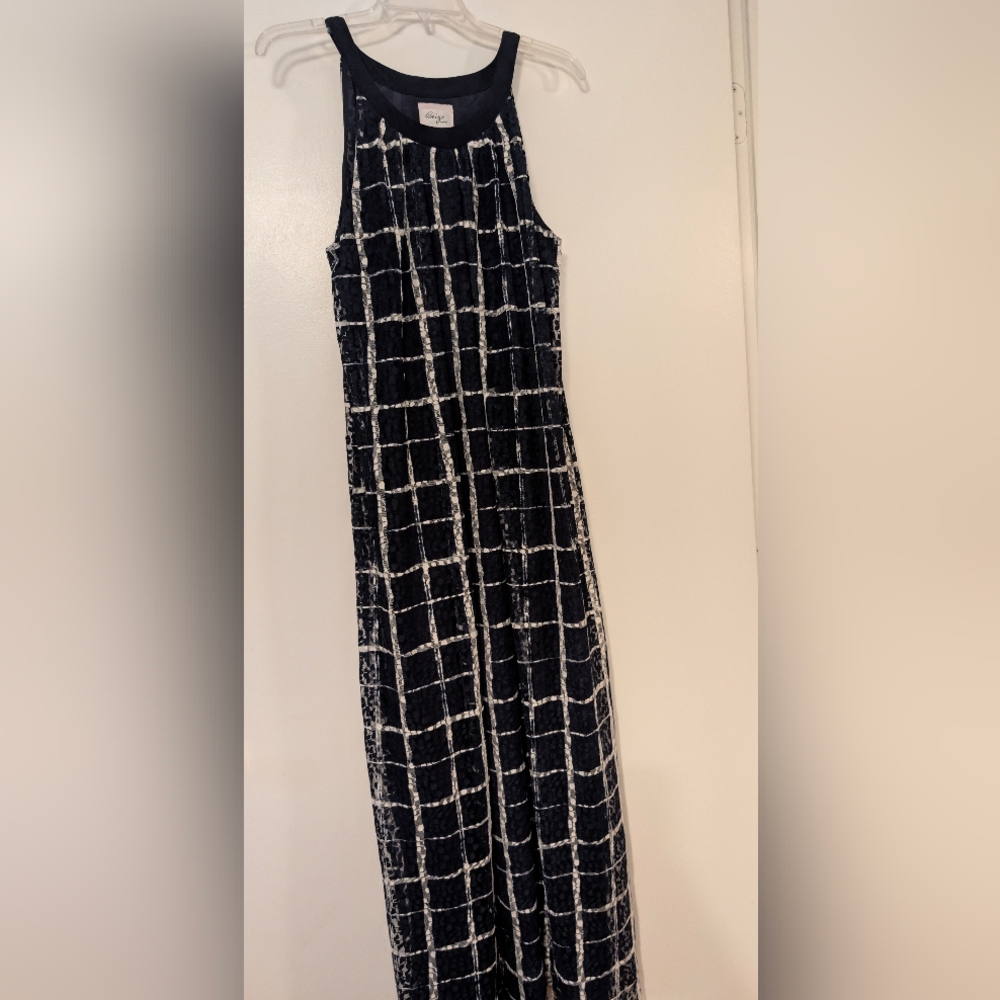Beige by ECI Navy White Windowpane Lace Maxi Dress Large